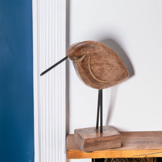 Rustic Wooden Bird Ornament | Decorative Mango Wood & Metal Bird Statue