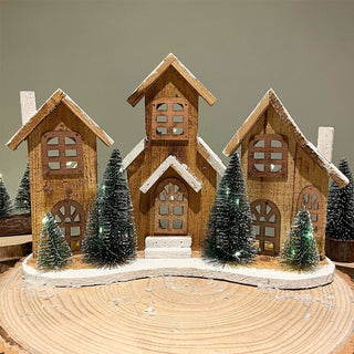 Rustic Wooden LED Christmas Village Scene | Light - Up Christmas Houses - 38x27cm