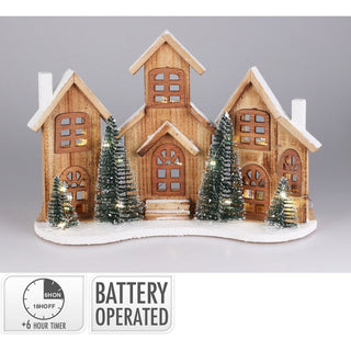 Rustic Wooden LED Christmas Village Scene | Light - Up Christmas Houses - 38x27cm