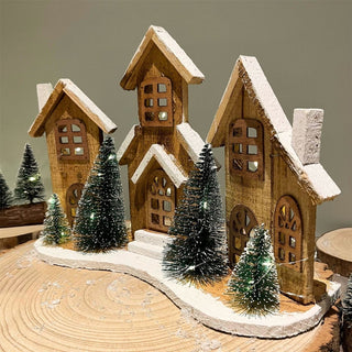 Rustic Wooden LED Christmas Village Scene | Light - Up Christmas Houses - 38x27cm