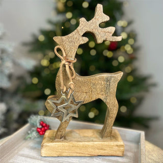 Rustic Wooden Reindeer Ornament | Christmas Deer Sculpture on Wooden Base - 26cm