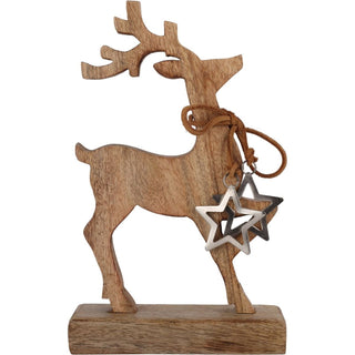 Rustic Wooden Reindeer Ornament | Christmas Deer Sculpture on Wooden Base - 26cm