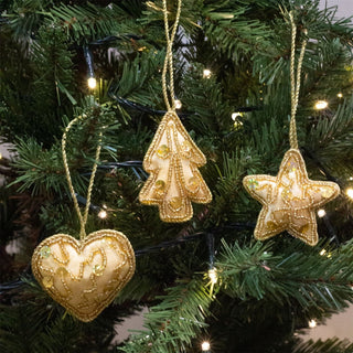 Set of 3 Christmas Tree Hanging Decorations | Gold Baubles Star Tree Heart