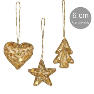 Set of 3 Christmas Tree Hanging Decorations | Gold Baubles Star Tree Heart