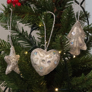 Set of 3 Christmas Tree Hanging Decorations | Ivory Baubles Star Tree Heart