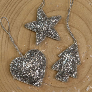 Set of 3 Christmas Tree Hanging Decorations | Silver Baubles Star Tree Heart