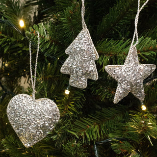 Set of 3 Christmas Tree Hanging Decorations | Silver Baubles Star Tree Heart