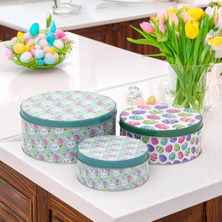 Set of 3 Easter Nesting Tins | 3 - piece Bunny & Easter Egg Round Storage Tins