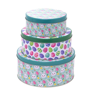 Set of 3 Easter Nesting Tins | 3 - piece Bunny & Easter Egg Round Storage Tins