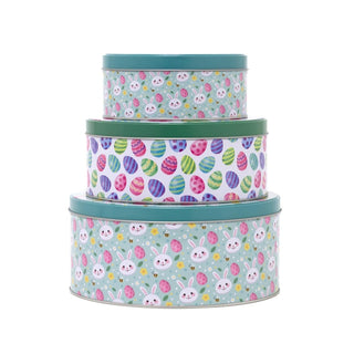 Set of 3 Easter Nesting Tins | 3 - piece Bunny & Easter Egg Round Storage Tins