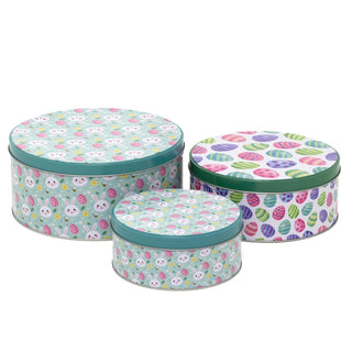 Set of 3 Easter Nesting Tins | 3 - piece Bunny & Easter Egg Round Storage Tins