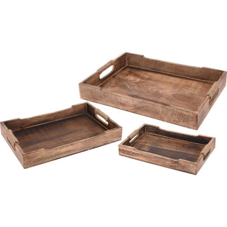 Set of 3 Mango Wood Serving Trays | 3 Wooden Kitchen Trays with Rope Handles