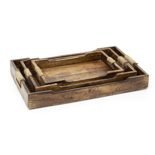 Set of 3 Mango Wood Serving Trays | 3 Wooden Kitchen Trays with Rope Handles