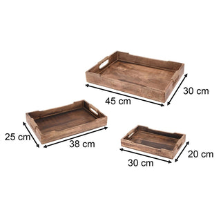 Set of 3 Mango Wood Serving Trays | 3 Wooden Kitchen Trays with Rope Handles