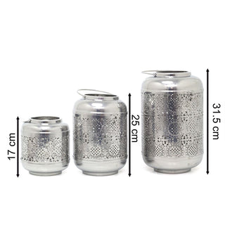 Set of 3 Silver Metal Candle Lanterns | Hurricane Barrel Candle Holders