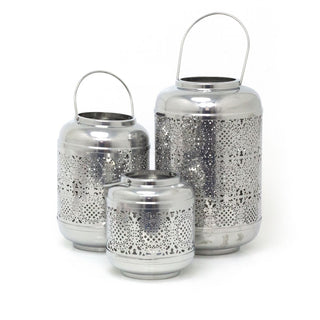 Set of 3 Silver Metal Candle Lanterns | Hurricane Barrel Candle Holders