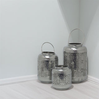 Set of 3 Silver Metal Candle Lanterns | Hurricane Barrel Candle Holders