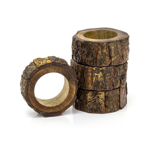 Set Of 4 Wooden Tree Log Slice Napkin Rings Rustic Napkin Holders | 4 Piece Tree Bark Napkin Ring Holder | Serviettes Napkins Rings Christmas Table Decor