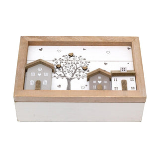 Shabby Chic House Design Wooden Tea Box Caddy 24x16cm | 6 Compartment Tea Bag Storage Box | Kitchen Organiser Tea Case