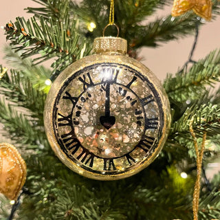 Silver & Gold Clock Bauble | Mottled Glass Christmas Tree Hanging Ornament - 8cm