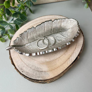 Stylish Silver Metal Feather Trinket Dish | Display Plate Vanity Tray | Ring Holder Jewellery Plate