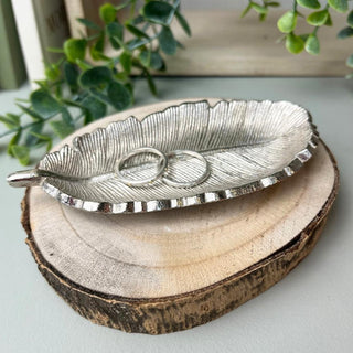 Stylish Silver Metal Feather Trinket Dish | Display Plate Vanity Tray | Ring Holder Jewellery Plate