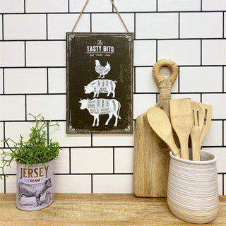 The Tasty Bits Wooden Hanging Plaque Rustic Kitchen Wall Sign Beef Chicken Pork