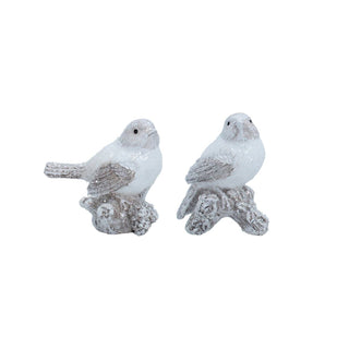 Winter Bird Ornament | White Resin Bird on Log Figurine Christmas Statue - 7x9cm