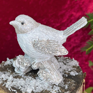 Winter Bird Ornament | White Resin Bird on Log Figurine Christmas Statue - 7x9cm