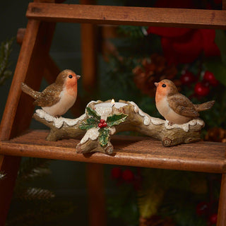 Winter Robins Christmas Tealight Holder | Festive Holly Candle Holder - 21cm