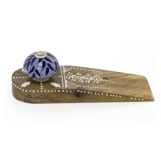 Wooden Door Stop Wedge | Mango Wood Doorstop with Blue Ceramic Accent - 16cm